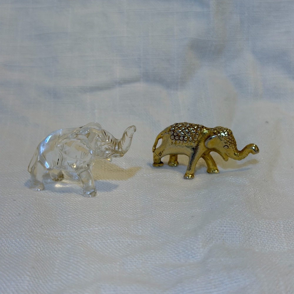 Lot Of Two Elephant Figurines Glass And Brass Trunk Up
